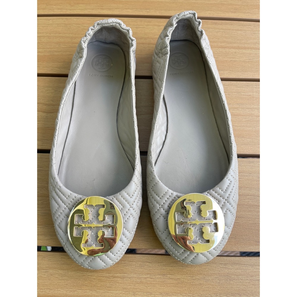 Tory Burch Minnie Travel Ballet Flats Gray Quilted Leather Gold Logo Size 8 M